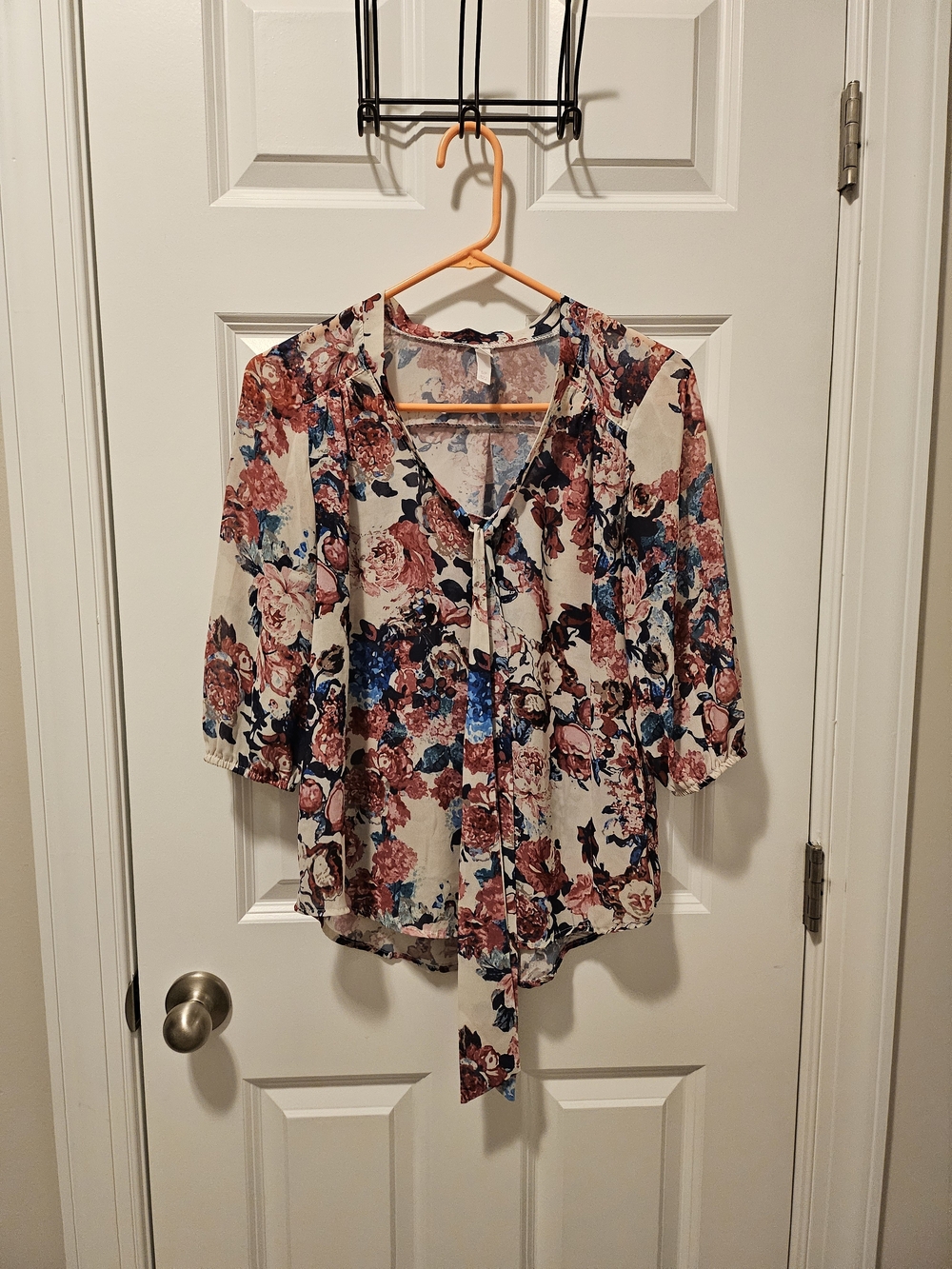 Xhilaration Tie-Neck Floral Blouse in Cream with Rose & Blue Print